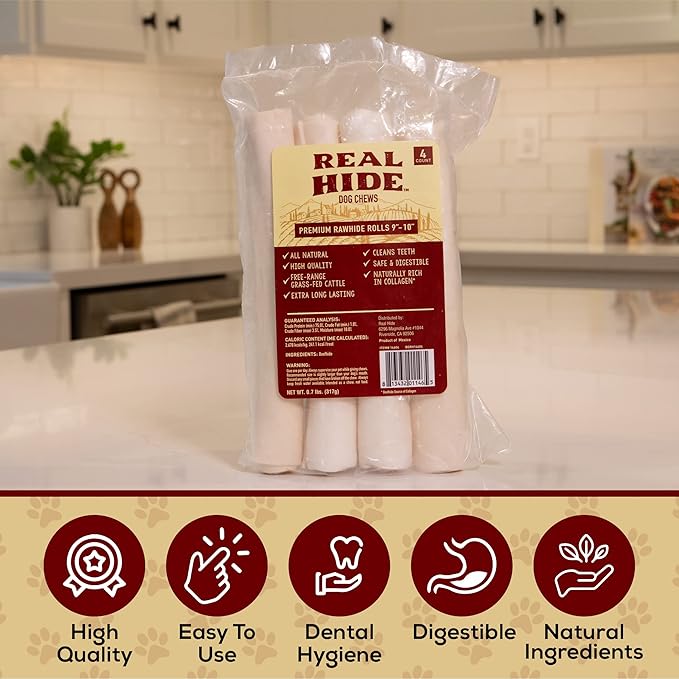 | All Natural Dog Chew Treats - Premium Rawhide Rolls, 9-10 Inch - Long Lasting Grass Fed Free Range Beef Hide - Medium/Large Dogs - 20 Count
