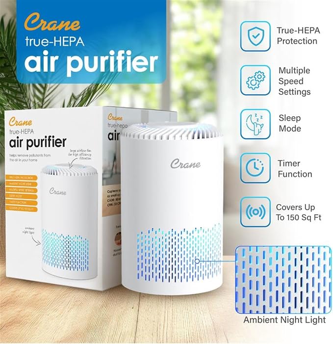 Crane True HEPA Air Purifier for Home, and Dorm Room, Bedroom Essentials