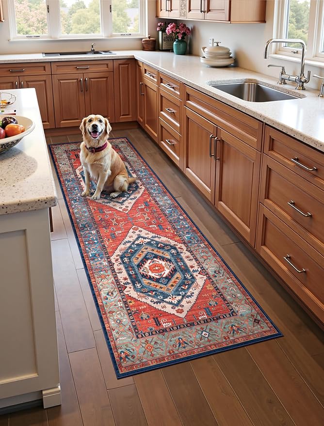 SERISSA Boho Washable Runner Rug, 2x5 Non-Slip Vintage Rust Hallway Kitchen