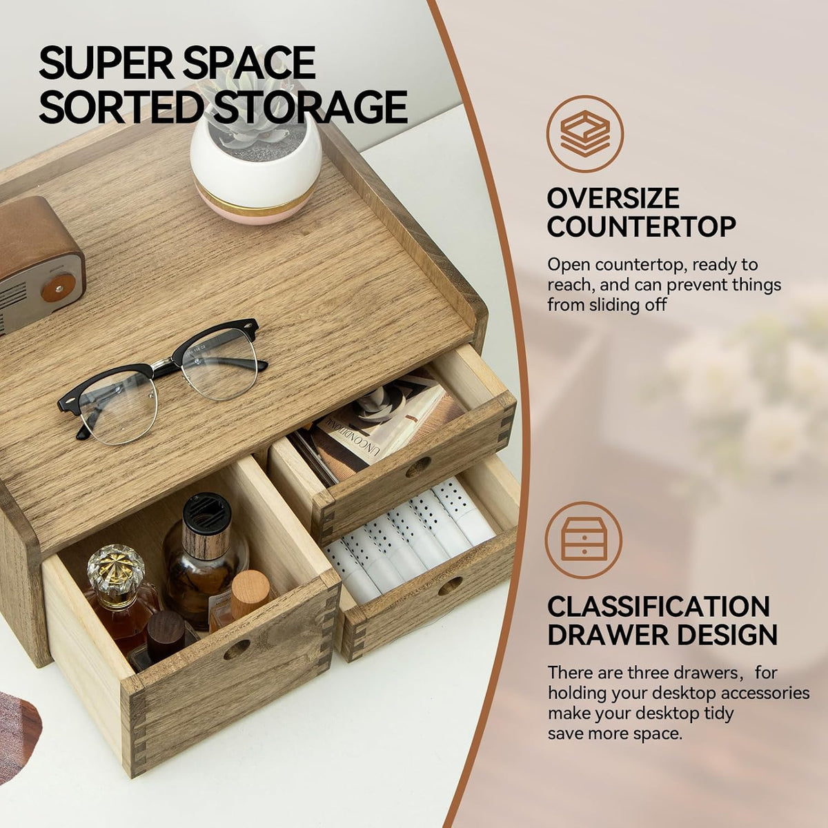 KIRIGEN Wooden Desk Organizer with 3 Drawers and Top Tray, Brown DT1D3C-DBR