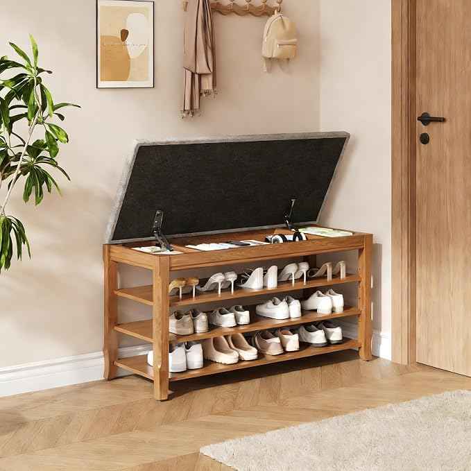Rubber Wood Shoe Bench with Storage, Flip-Top Soft-Close Lid, Adjustable Shelves