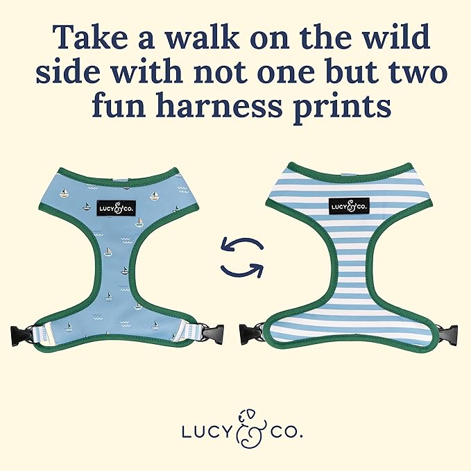 Lucy & Co. Set Sail Reversible Harness, Walking Halter - Best Designer Pet Harnesses for Small Dogs - Padded Adjustable Vest for Easy Walking, X-Small, Blue & White Stripes & Sailboats
