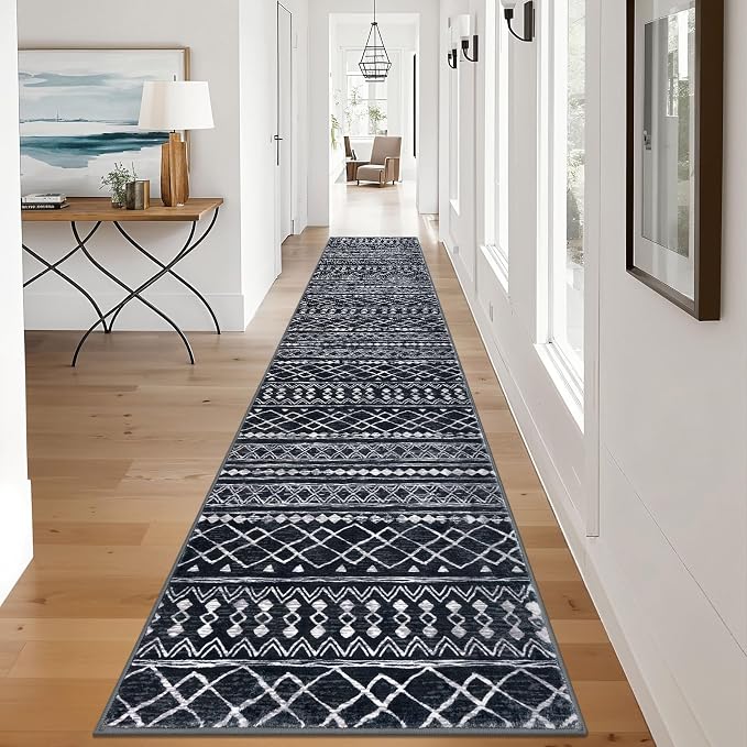 KUTA Hallway Runner Rug 2.6x12 Non-Slip Washable, Moroccan Vintage Black Boho