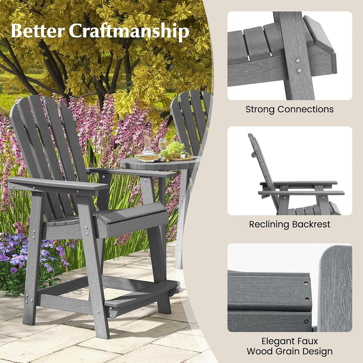 Tangkula Outdoor Bar Stool, HDPE Tall Adirondack Chair with Armrest & Footrest, Weather Resistant 47 Inch Counter Height Barstool Lifeguard Chair for Pool Deck Patio Garden, Balcony Chairs (1, Gray)