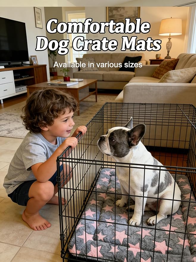 Dog Bed Mat - Reversible Dog Crate Bed Mats, Soft & Breathable Kennel Pad, Durable Crate Bed for Small Dogs & Cats (Pink&Gray Stars, L(35"*23"*1.2"))