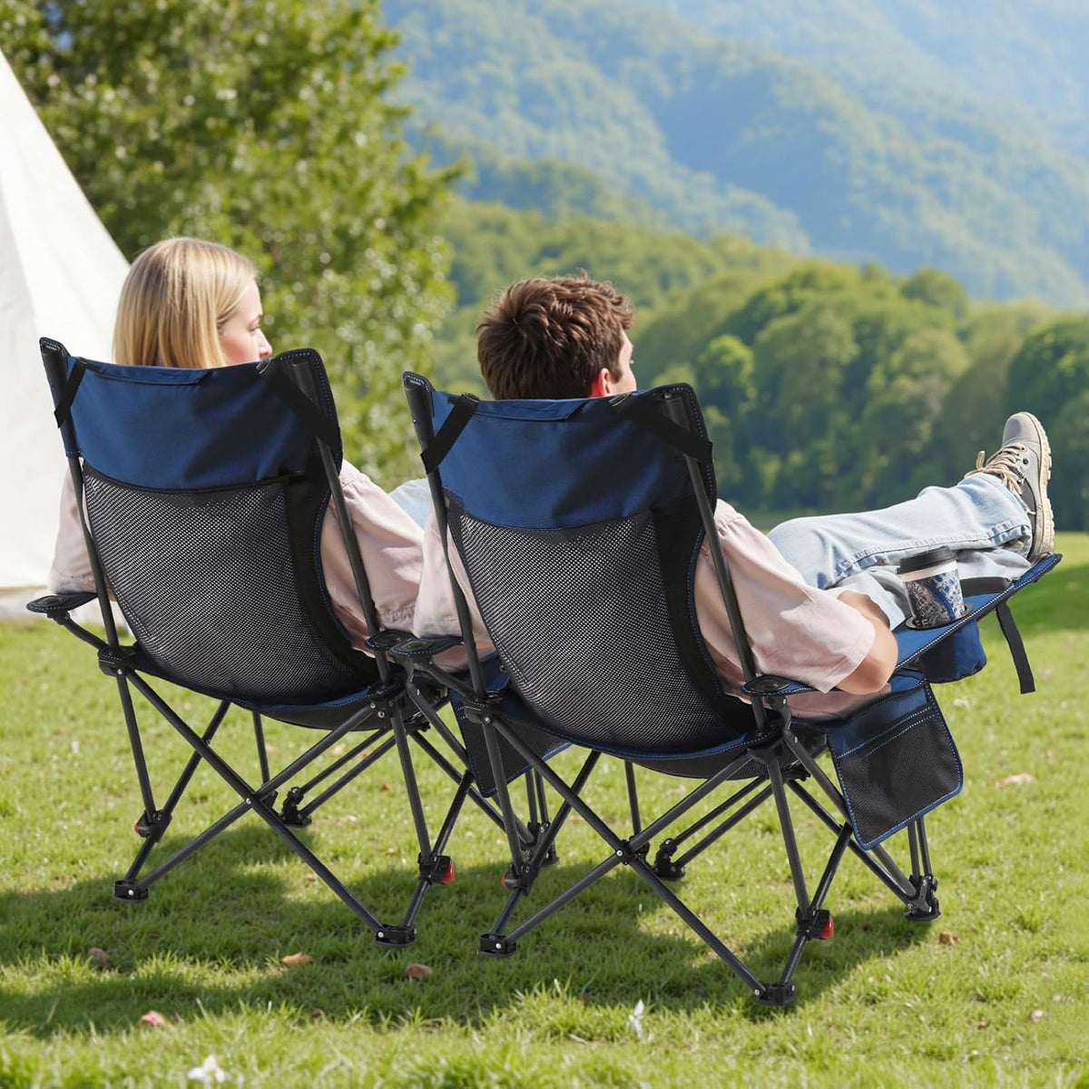VEVOR Reclining Camping Chair, 4 Adjustable Positions, Portable Folding Lounger for Adults, Mesh Beach Chair with Footrest & Plush Cushion, Supports 220 lbs, Heavy Duty Camp Chairs for Patio, Blue