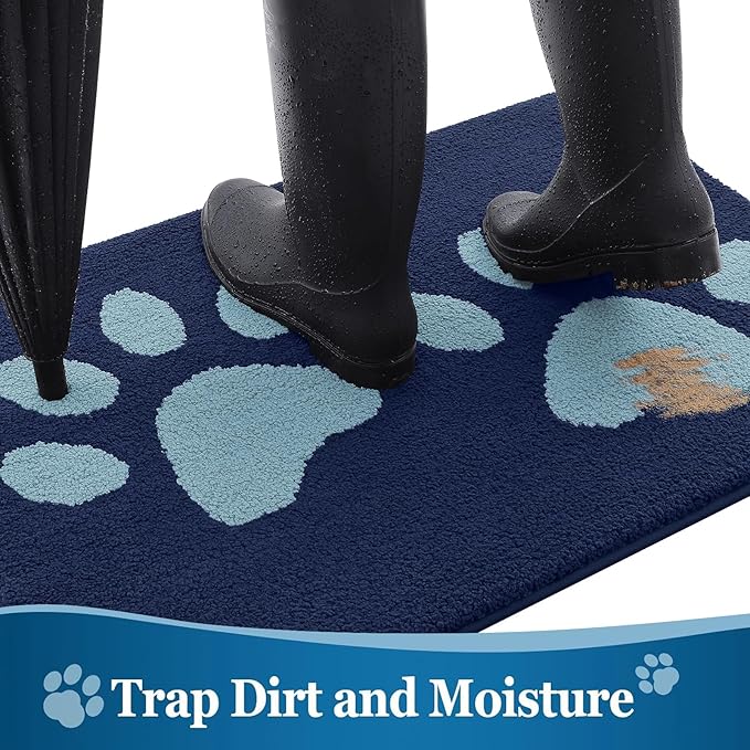 Buganda Dog Door Mat for Muddy Paws, Absorbent Dirt Trapper Washable Indoor Doormats, Non Slip Low-Profile Mud Mat for Dogs, Front Entrance Doormat for Inside Floor (59x24 Inches, Dark Blue)