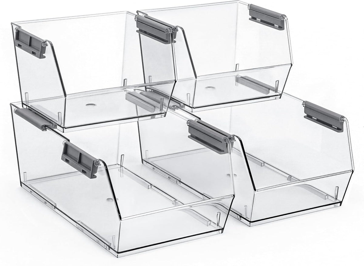 HOMESTEAD Set of 4 Stackable Storage Bins, 2 Large + 2 Small Clear Plastic Organizer Bins, Open Front Design for Kitchen Pantry, Fridge, Cabinet, Bathroom Organization and Snack Storage