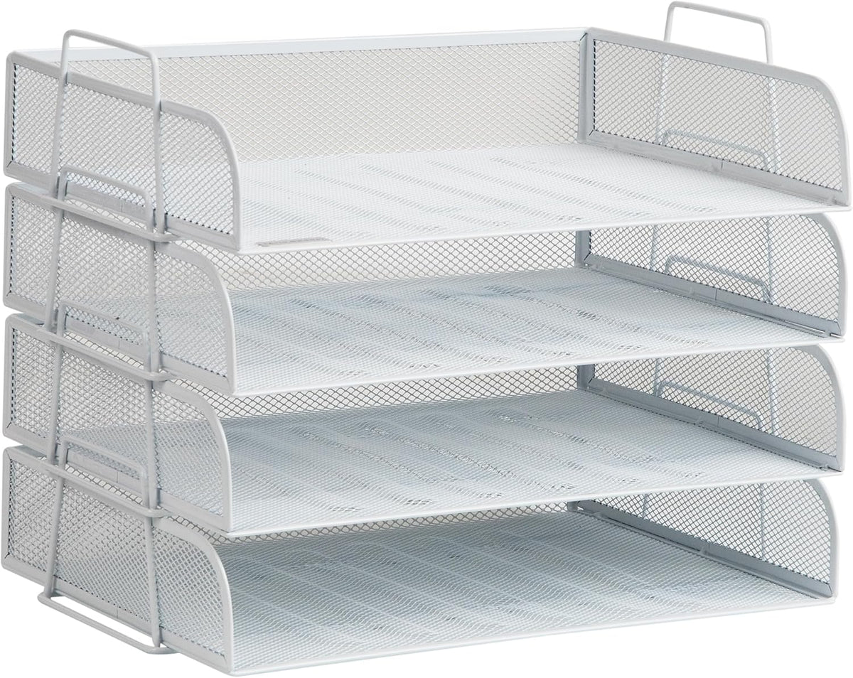 Mind Reader Stackable Paper Tray, Desktop Organizer, File Storage, Office, Metal Mesh, 4 Pcs., White