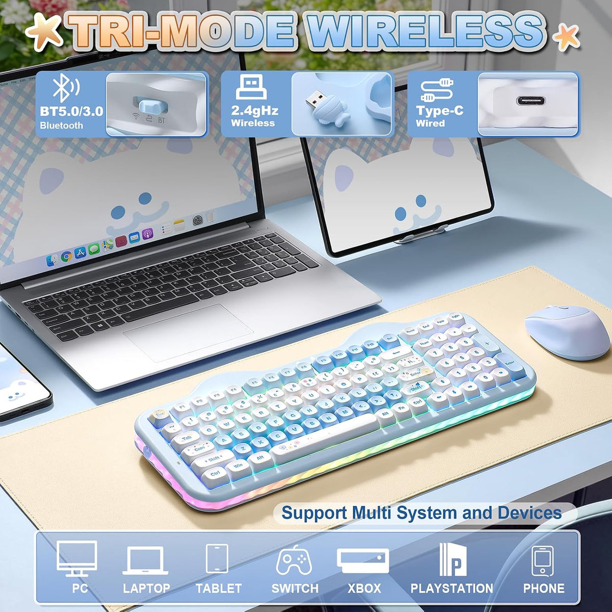 YUNZII C98 Cute Cake Wireless Mechanical Keyboard(Blue, Milk Switch)