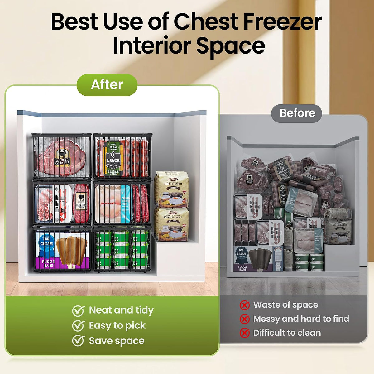 Freezer Organizer Bins, 3 Pack Enlarged Baskets for 5-9 Cu.FT Deep Freezer