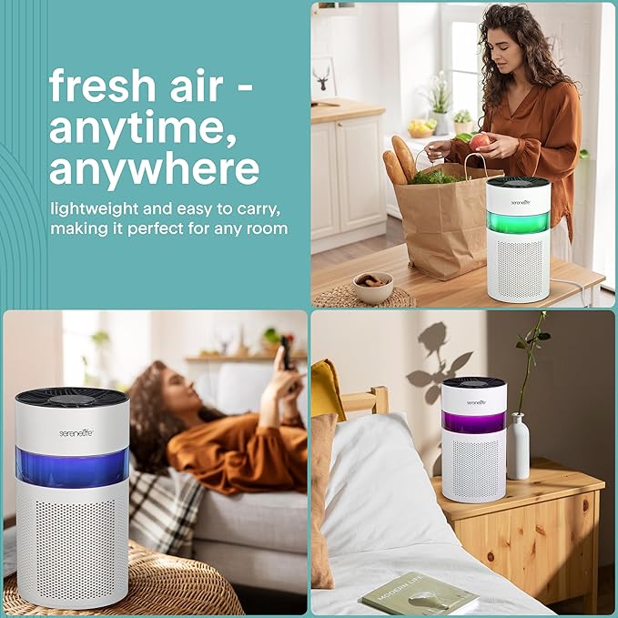 SereneLife Portable Air Purifier - Small Air Purifier with Aroma Box & Ambient Light, High Filtration Efficiency, 2-Speed, Timer & Sleep Mode, Filter Change Reminder, 6 x 6 x 12 in. (White)