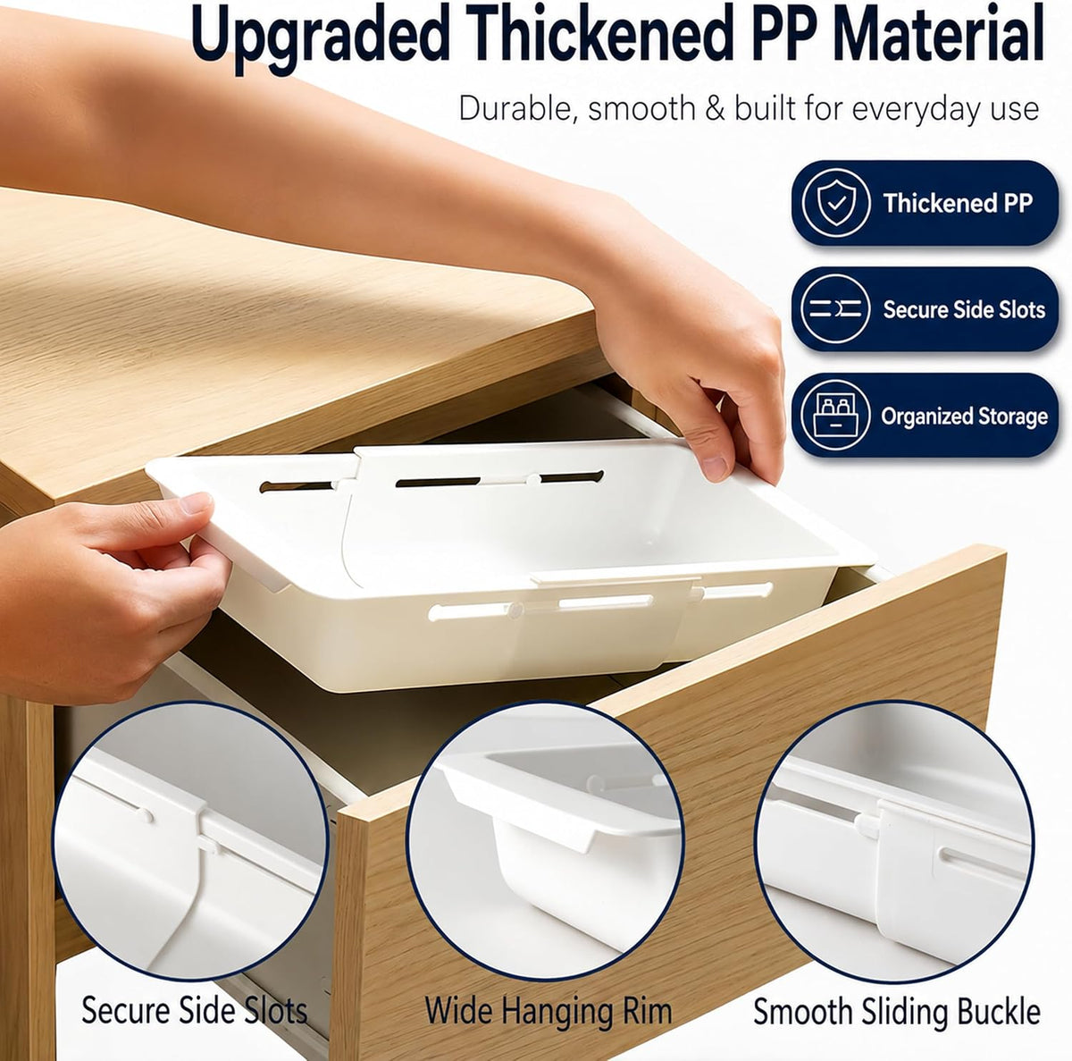 3-Pack Expandable Drawer Organizer for Deep Drawers, Adjustable 17–27 in Storage Tray, Durable PP Smooth Glide Divider for Kitchen, Vanity & Office, Space-Saving Design