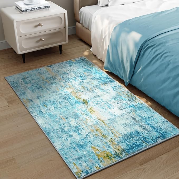 Entrance Rugs Indoor 2x3 Teal Blue Entry Rug Washable Abstract Small Area Rug
