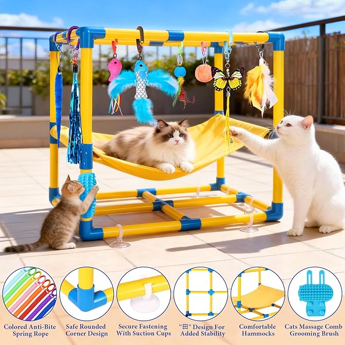 Cat Jungle Gym With Hanging Interactive Toys,Hammock Cat Activity Center For Kittens With Cat Self Groomer,Removable PVC Frame With Colored Spring Rope, Cat Enrichment Toys For Bored Indoor Adult Cats