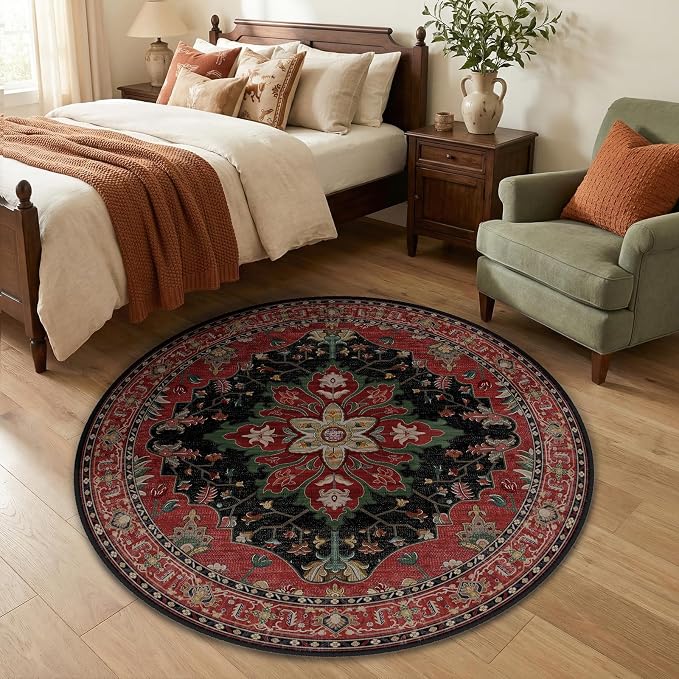 RELEANY Area Rugs Round 4ft Washable Non-Slip, Floral Vintage Distress