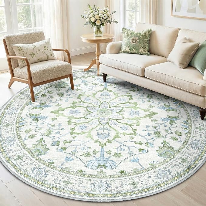 RELEANY Area Rugs Round 6ft Washable Non-Slip, Floral Vintage Distress