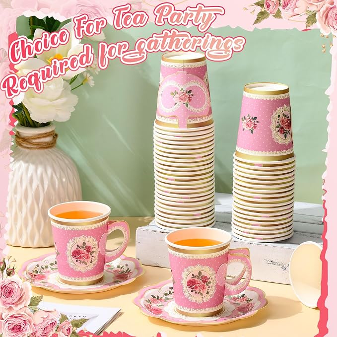 Tioncy 100 Pcs Tea Party Decorations Include 50 Pieces 9 oz Paper Tea Cups