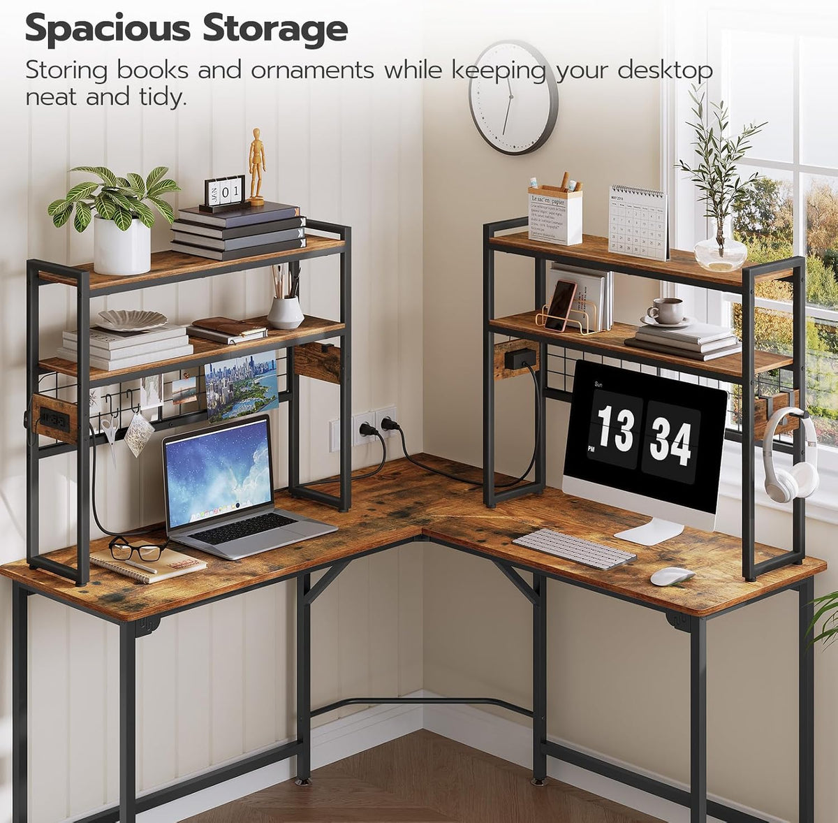 HOOBRO Desktop Bookcase, 2-Tier Desktop Organizer, 29.9" Wooden Office Storage Rack with Outlets, Display Shelf Rack with Light Strip, Desk Hutch for Office, Rustic Brown BF11UDSJ01