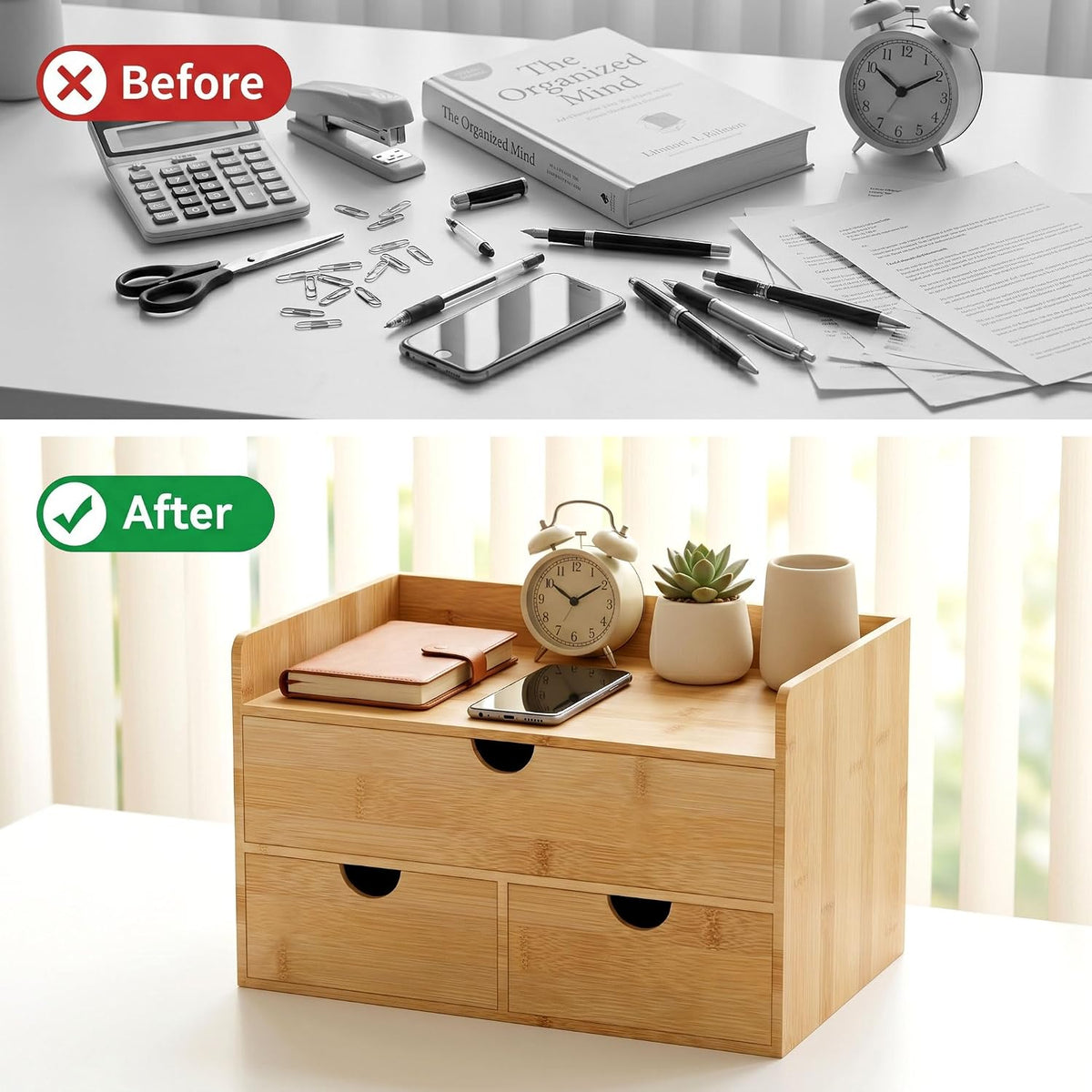 Bamboo Desk Organizer with Drawers, Desktop Storage for Office Supplies