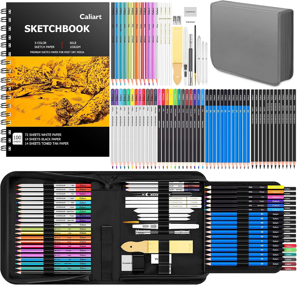 Caliart 176PCS Art Supplies Sketching Kit, 100 Sheets 3-Color Sketch Book