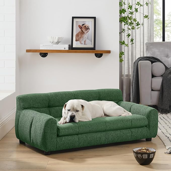 Large Dog Sofa Bed with Backrest & Armrests, Orthopedic Foam Pet Couch for Medium Large Dogs, Modern Linen Dog Bed Furniture with Short Legs & Non-Slip Base (Green)