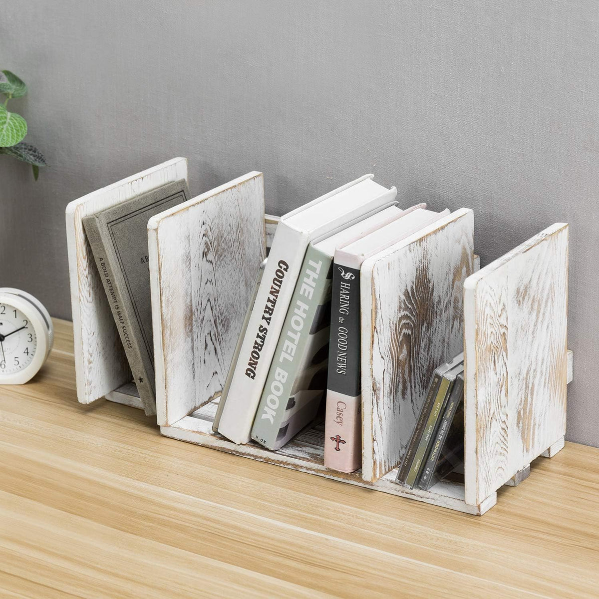 MyGift Rustic Expandable Whitewashed Wood Desktop Bookshelf/Adjustable Tabletop Book Holder Organizer Rack