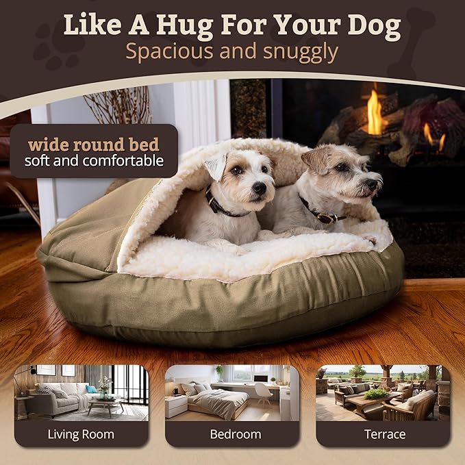 Snoozer Cozy Cave Dog Bed - Indoor Dog Bed with Cover Cave, Covered Calming Burrow for Medium & Large Sized Pets with Blanket Attached, Enclosed, Removable Washable Cover - XL, Khaki