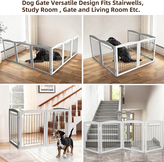 ZJSF Freestanding Foldable Dog Gate for House Extra Wide Wooden Grey Puppy Gate Stairs Dog Gates Doorways Tall Pet Gate 6 Panels Pet Fence