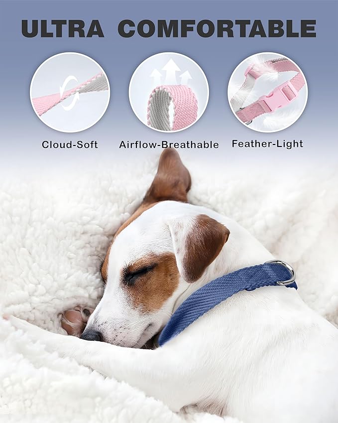 Dynmeow Soft and Breathable Cotton Dog Collar, Durable Adjustable Pet Collar with Quick-Release Buckle, Lightweight for Sensitive Skin for Small and Medium Dogs, Navy-Blue, S