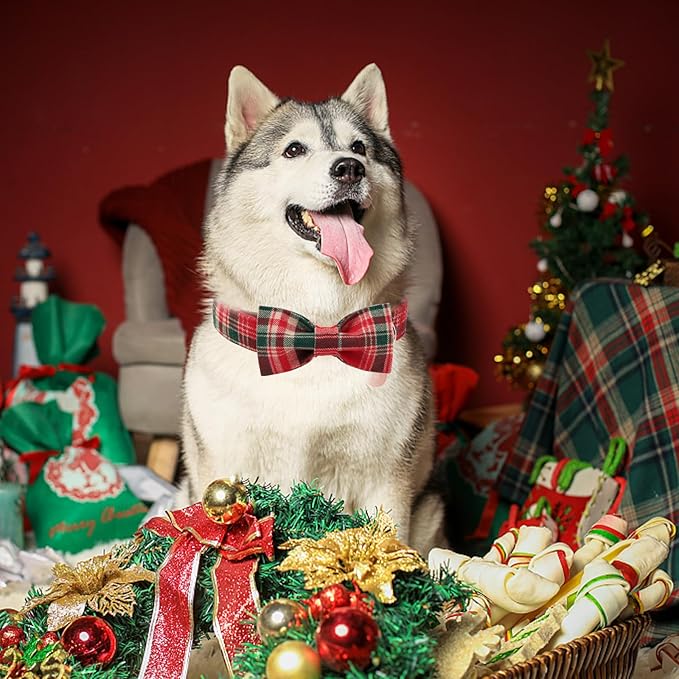 Christmas Plaid Dog Collar with Bow Tie– Adjustable Red & Green Checkered Dog Collar for Small Medium Large Dogs, Soft Xmas Plaid Puppy Collars with Quick Release Buckle M