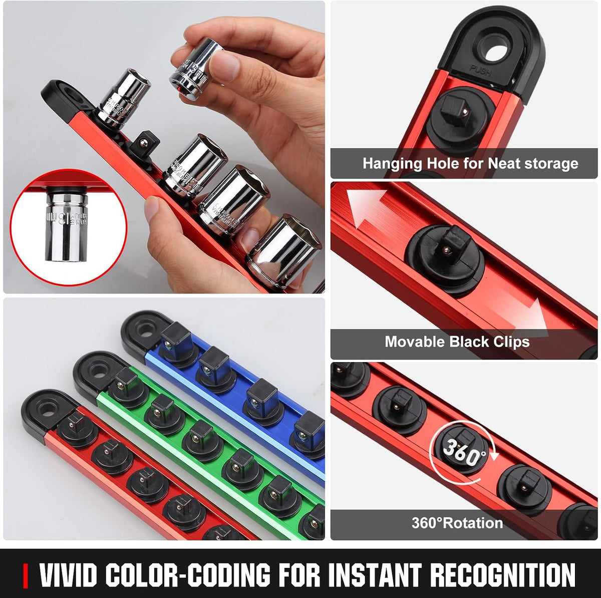 Magnetic Socket Organizer Set | 1/4" 3/8" 1/2" Socket Rail with 120 Clips | 9PCS Aluminum Alloy Socket Holder | Ratchet Organizer & Socket Organizer for Tool Box Drawer|Garage and Tool Cart