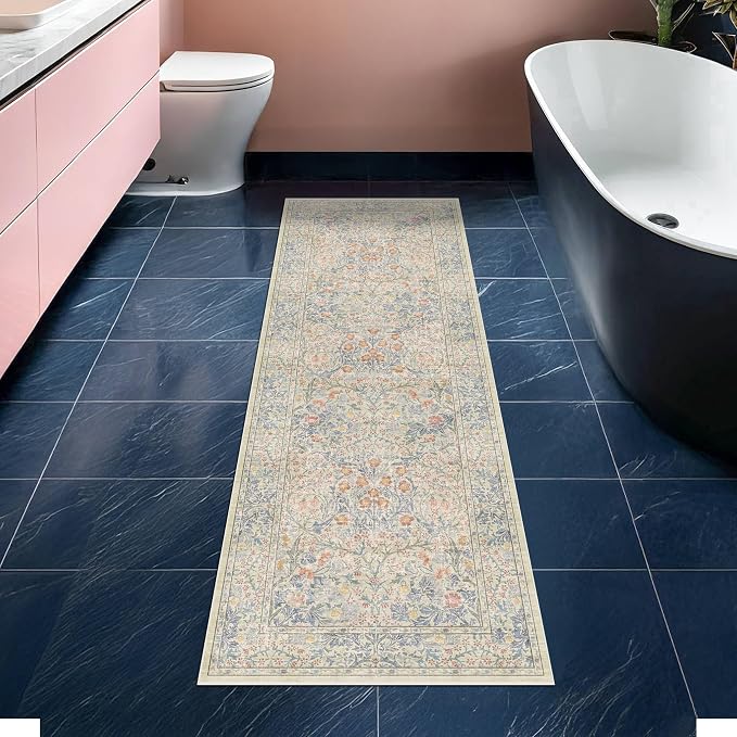 Hazo Haus Non Slip Beige Blue Hallway Runner Rug