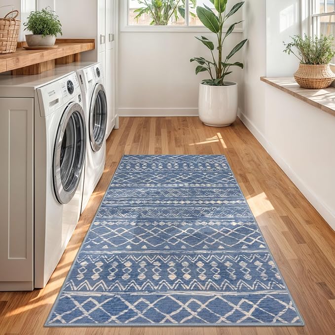 KUTA 3x5 Boho Area Rug for Living Room, Moroccan Blue Beige Washable Kitchen