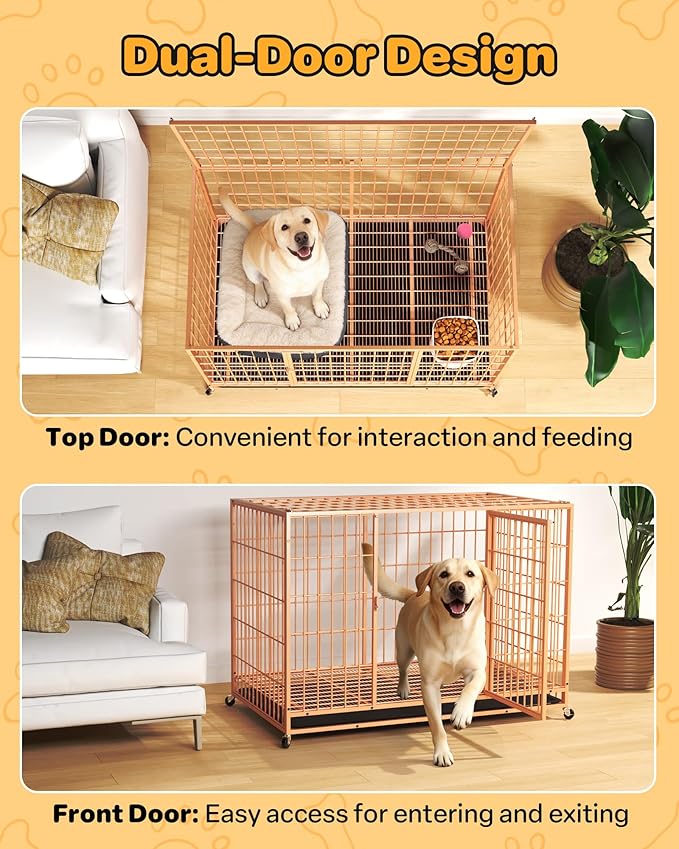 48 Inch Large Dog Crate, Escape Proof Dog Cage with Dual Door Lock and Swivel Casters,Removable Tray for Easy Cleaning, Dog Kennel Indoor Outdoor Use