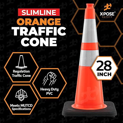 Xpose Safety 28 Inch Orange Slim Line Traffic Cones with 6" & 4" Collar - Bulk Half Pallet 150 Pack - Multipurpose PVC Plastic Safety Cone for Parking, Caution, Kids & Construction - DOT Approved