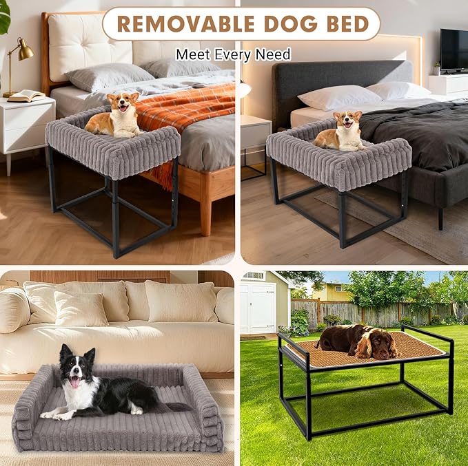 Beside Dog Bed,Adjustable Height Dog Bunk Beds,27.5''x 18''Metal Dogs Bed Frame with Washable Removable Corduroy Cover,Memory Foam Pet Bed with Sides,Medium