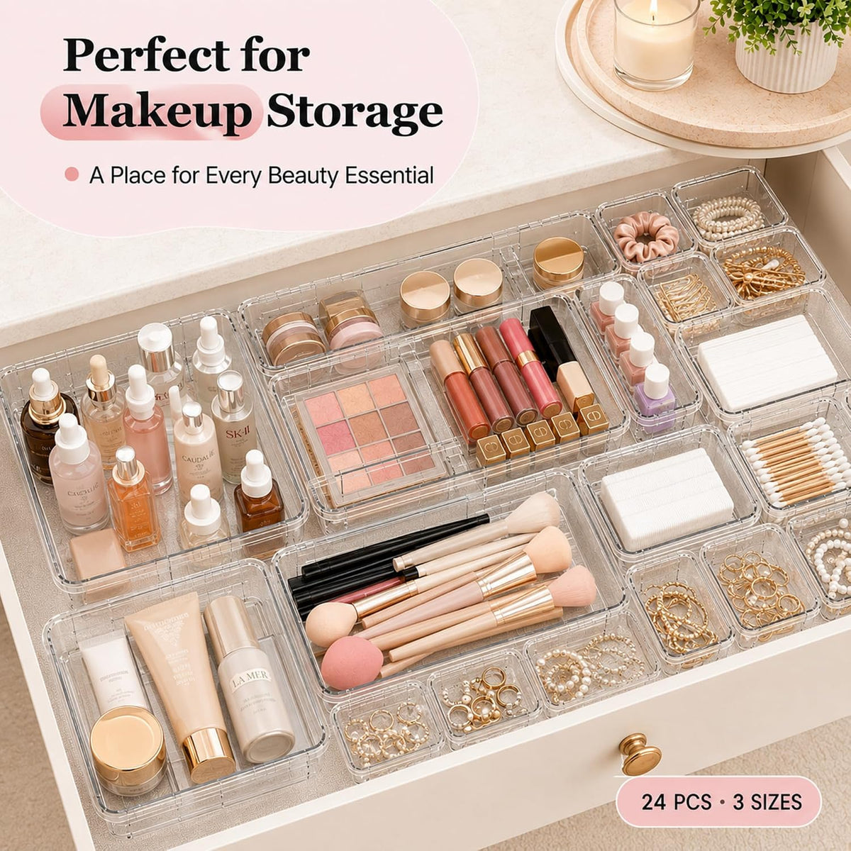 24 Pcs Clear Adjustable Drawer Organizer, 3-Size Expandable Desk Drawer Organizer Box, Acrylic Storage Bins for Makeup, Cosmetic, Kitchen Utensils, Bedroom Dressers Tool Organizer for Gadgets (24)