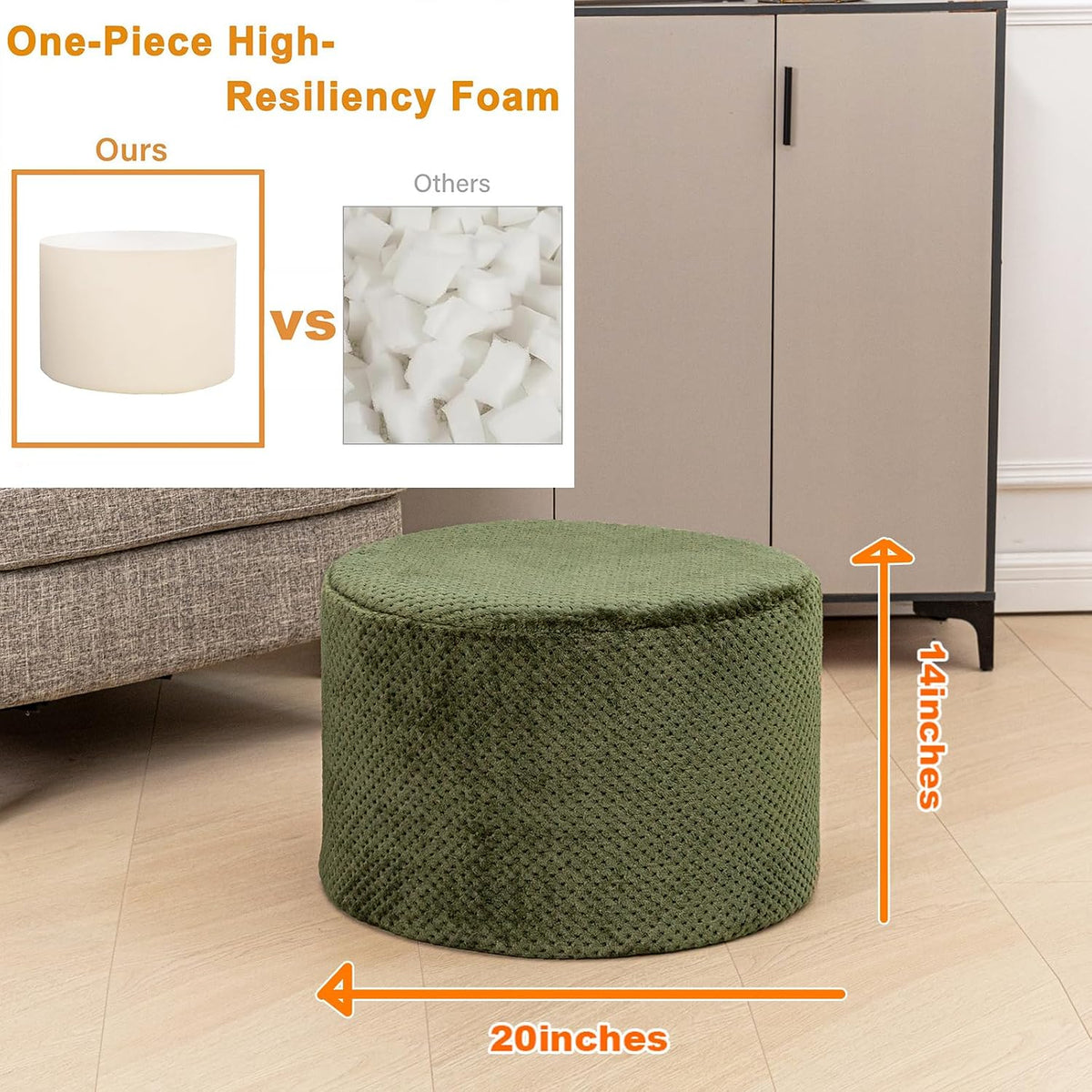 20"x14" Round Foam Stuffed Pouf Ottoman, Under Desk Footrest,Deep Green