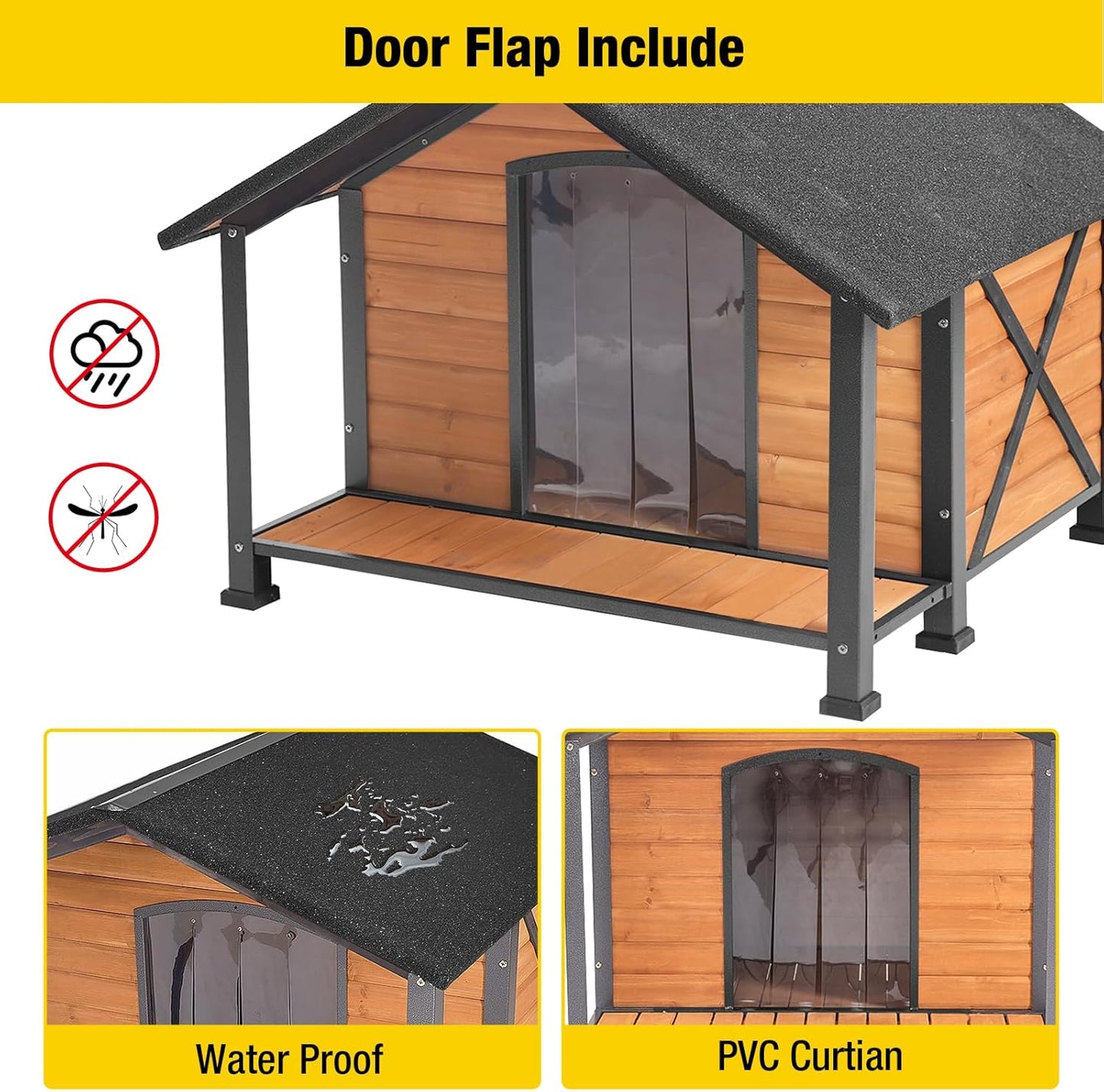 Aivituvin Dog House with Anti-Chewing Metal Frame Outdoor Large Wooden Dog Kennel Outside with Overhang Roof Large Porch Weatherproof
