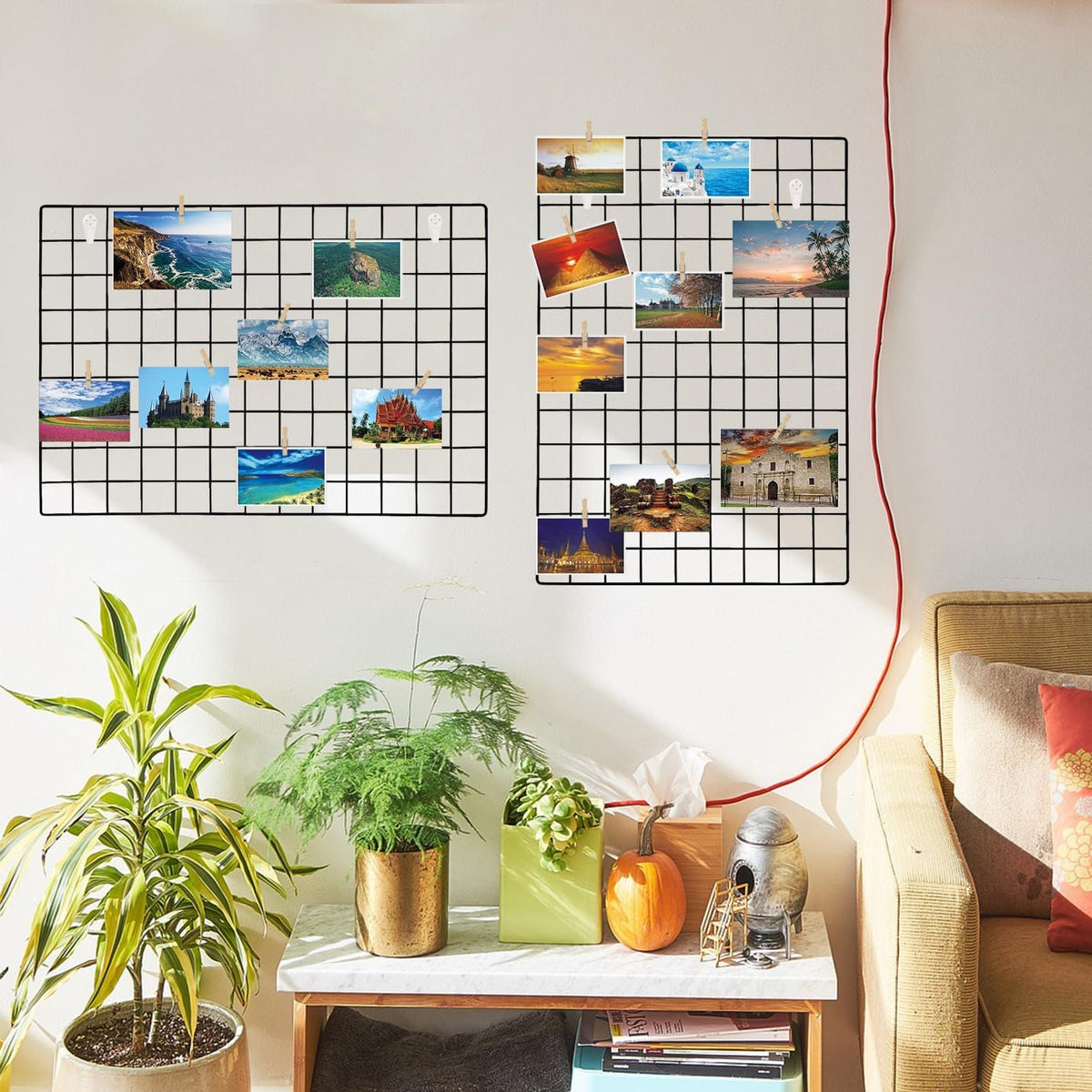 2 Pack Large Wall Grid Panels with Light and Clips, Photo Display Board, Picture Frame Collage Board, Wire Grid Wall Panel Room Decoration,Black