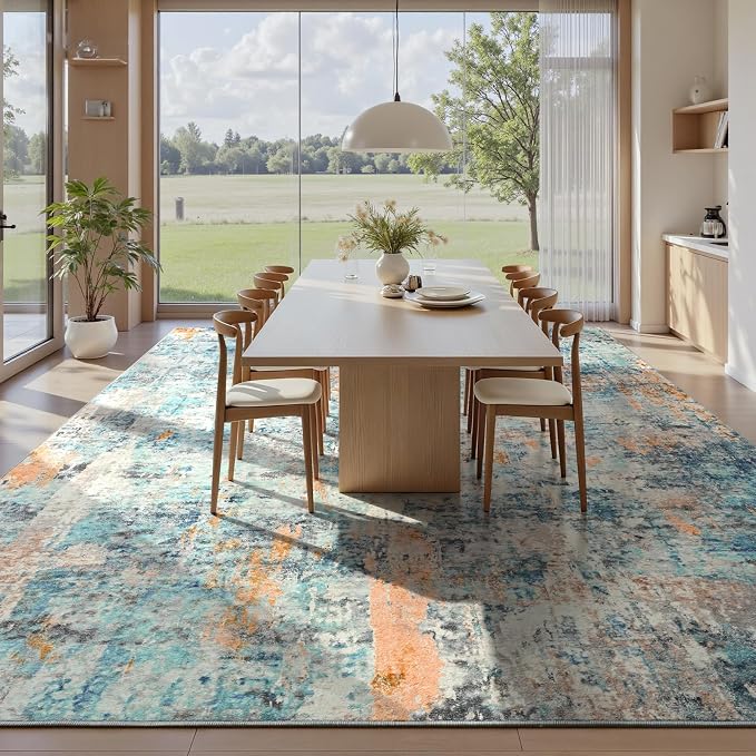 Ompaa Living Room Rug 6x9 Blue Area Rug Machine Washable Boho Rug Non Slip