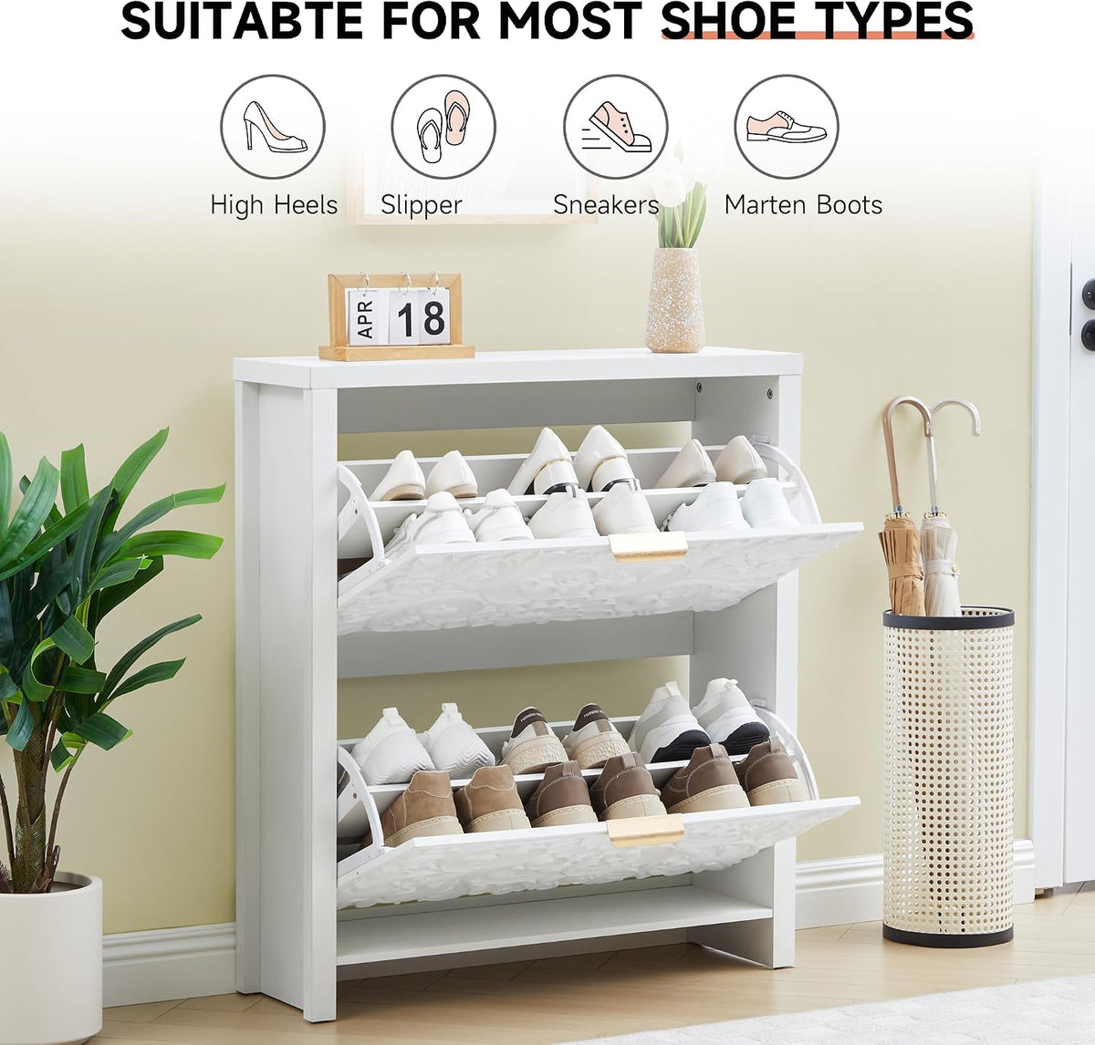 weselon Shoe Cabinet with Flip Drawers, Narrow Shoe Storage Cabinet, 2-Tier Hidden Shoe Organizer with Floral Embossed for Entryway, Mid-Century Modern Slim Shoes Storage for Hallway Foyer (1, White)