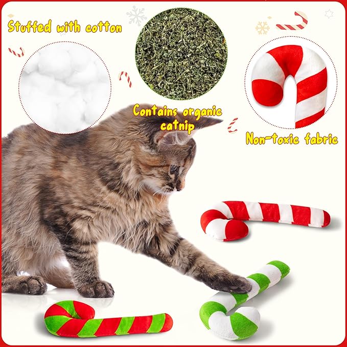 MALLMALL6 3Pcs Christmas Candy Cane Catnip Toys Gift for Cat, Indoor Cat Chew Bite Kick Catmint Pet Toys Supplies for Cat Lover Xmas Gifts, Cute Interactive Cat Toy for Pet Presents (Tricolor)