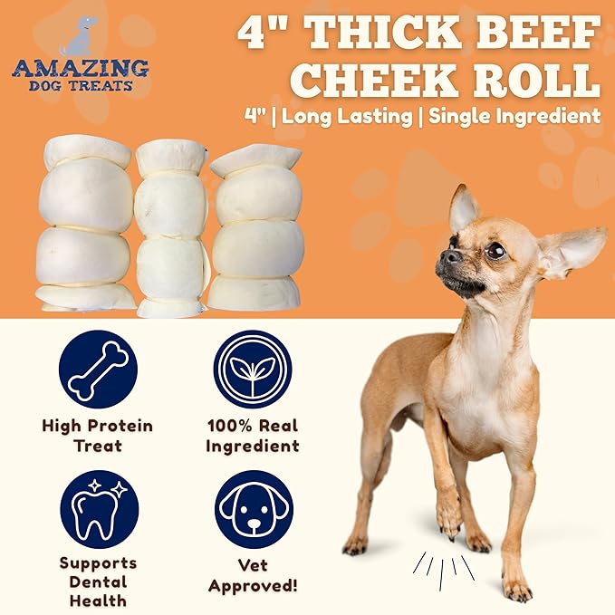 Amazing Dog Treats - Beef Cheek Rolls (Mega Thick 4" - 6 Pcs) - Safe Rawhide Alternative Dog Chew - Great for Power Chewers - Long Lasting Dog Chew - Retriever Rolls for Dogs
