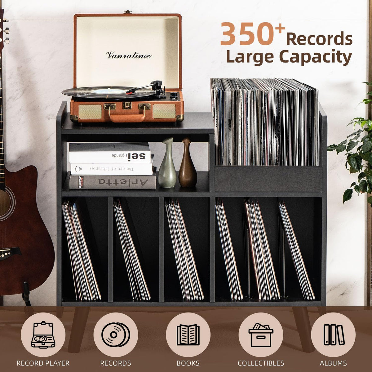 Record Player Stand, Large Record Player Table Cabinet (Black)