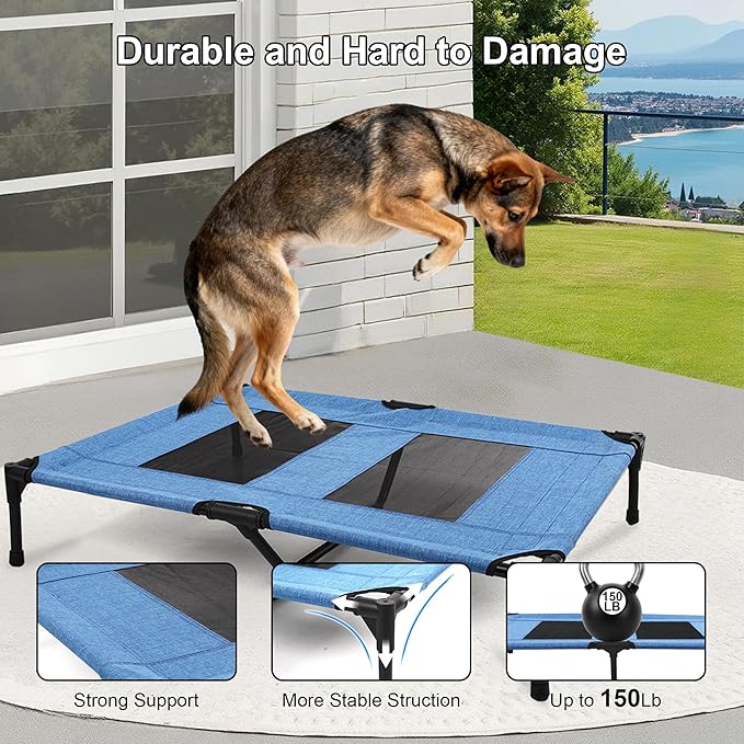 Raised Dog Bed Cooling Cot for Indoor Outdoor Use Portable Waterproof Mesh Pet Bed Washable for Large Medium Small Dogs, Blue