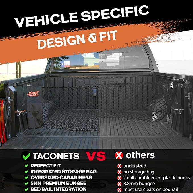 Envelope Cargo Net for Toyota Tundra - Fits 2007-2025 - Patented Bed Rail Integration - Upgraded 5mm Bungee - Integrated Storage Bag - Heavy Duty Carabiners - Designed in USA