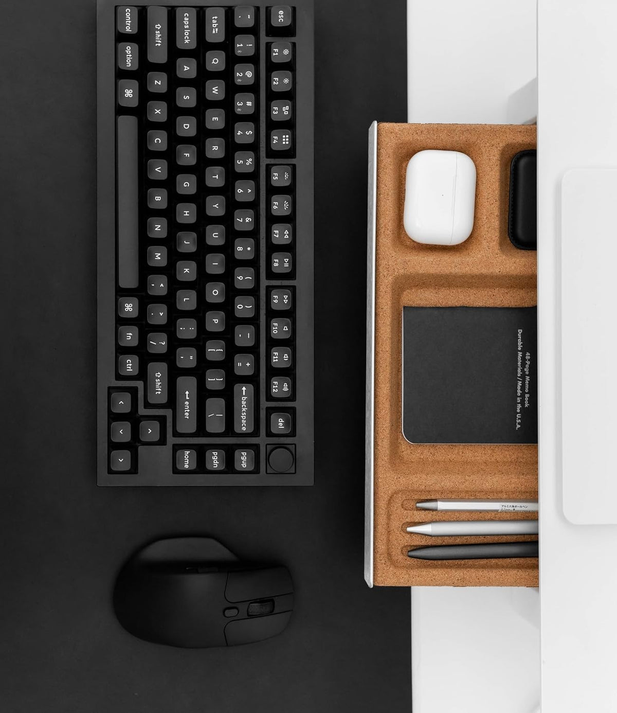 Desk Tray Organiser Drawer with Compartments Cork & Aluminium Catchall Valet Pen Tray for Cockpit Setup Desktop Storage Stationery Organizer (Light)