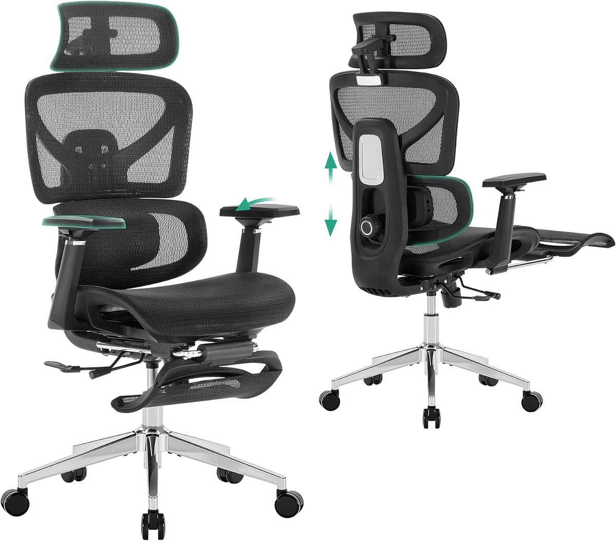 Cozyman Ergonomic Office Chair with Footrest - 5-Level Adjustable Lumbar Support & 90-135°Recline, 3D Headrest & 4D Armrests, Breathable Mesh Seat Computer Chair for Home Office, Gaming, Black